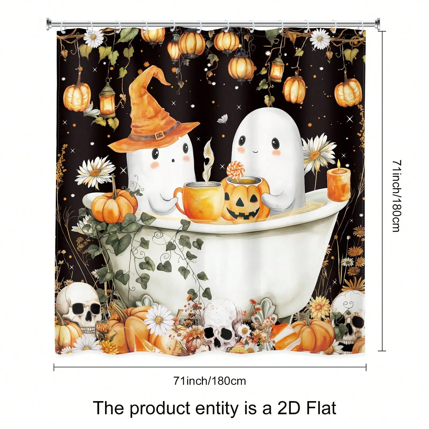 4-Piece Cute Ghost Halloween Shower Curtain Set. Waterproof Bathroom Décor with Bath Mat, Toilet Lid Cover & Rug