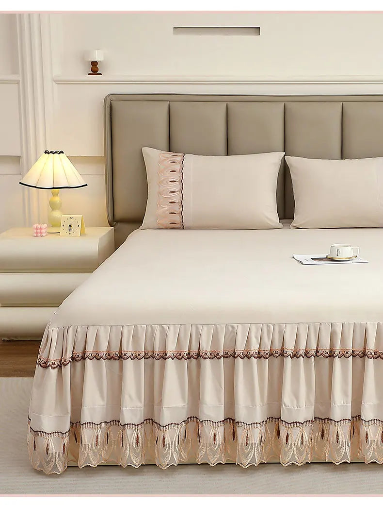 Elegant Solid Color Lace Bed Skirt Set