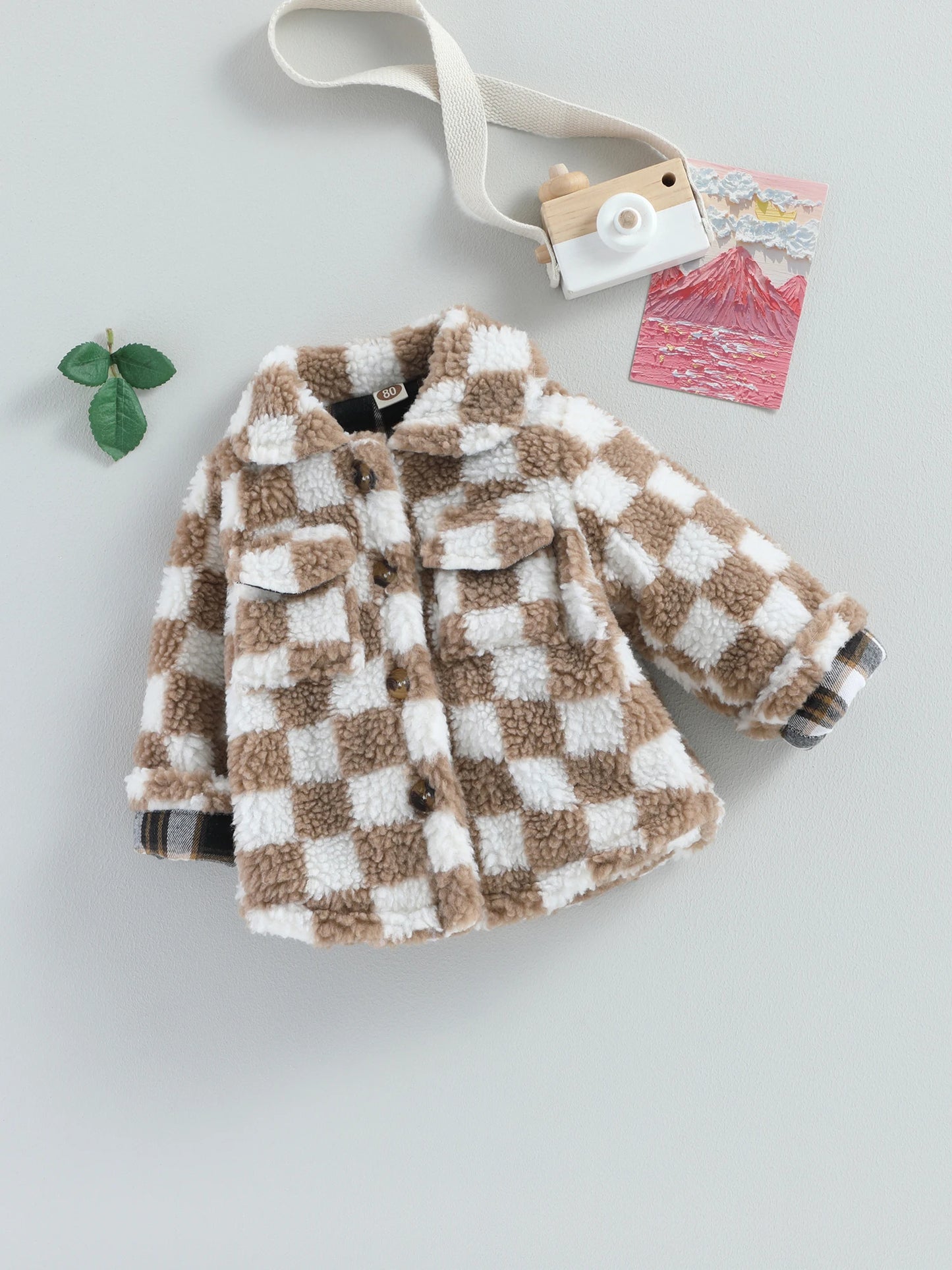 Girls Plaid Fleece Coat with Turn-Down Collar and Button Closure Long Sleeve Sherpa Jacket for Winter Warmth Toddler Kids