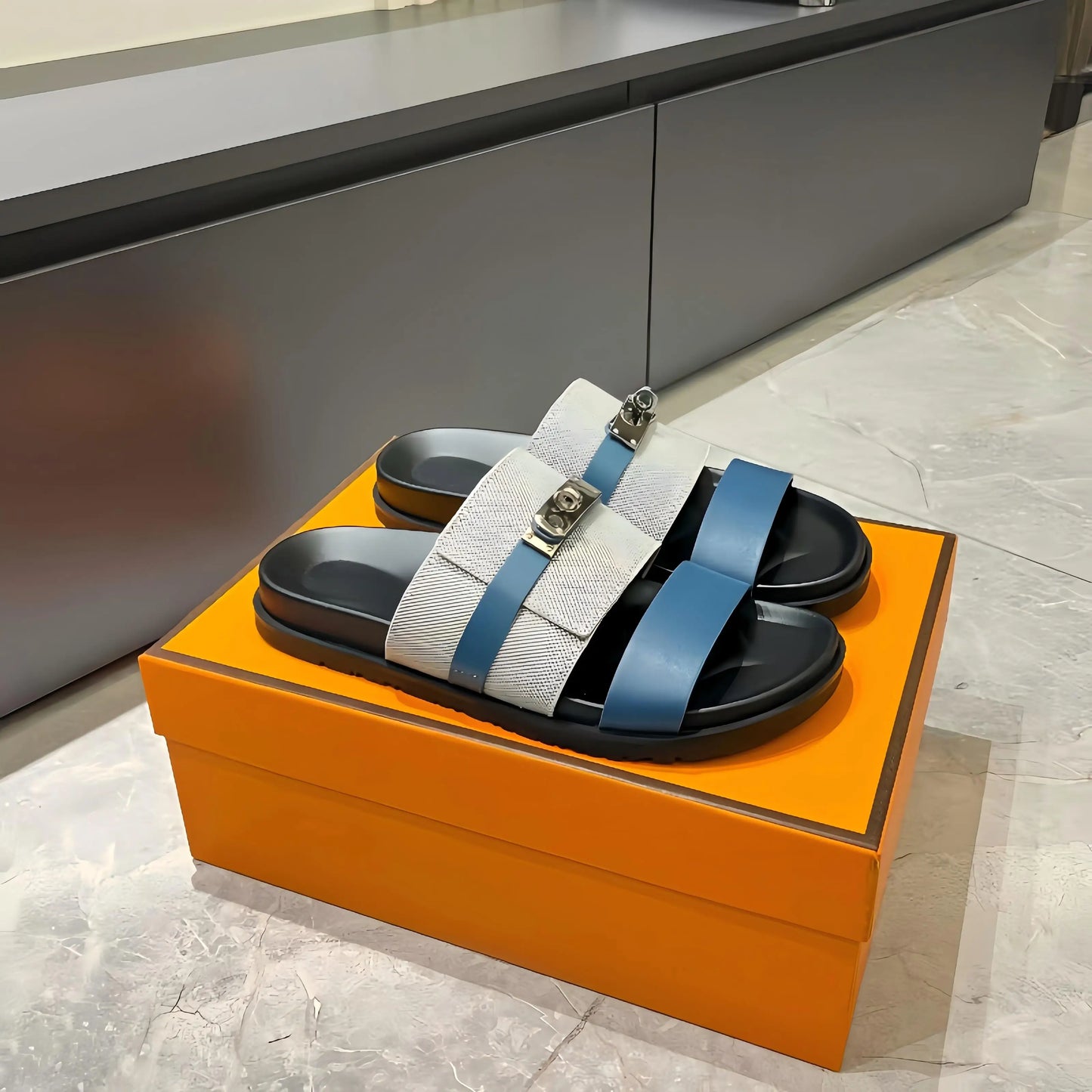 Luxury Women’s Leather Buckle Slide Sandals