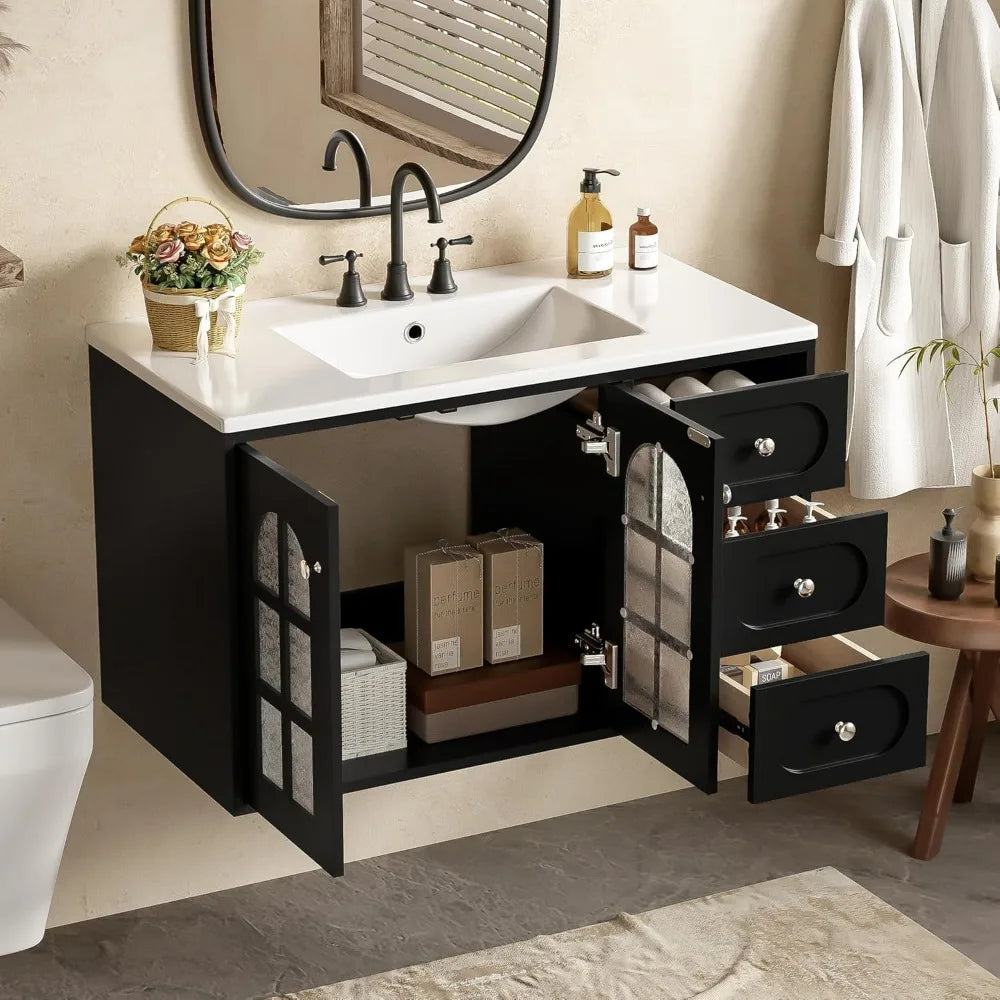 36 Inch Floating Wall Mounted Vanity With Ceramic Sink And Drawers