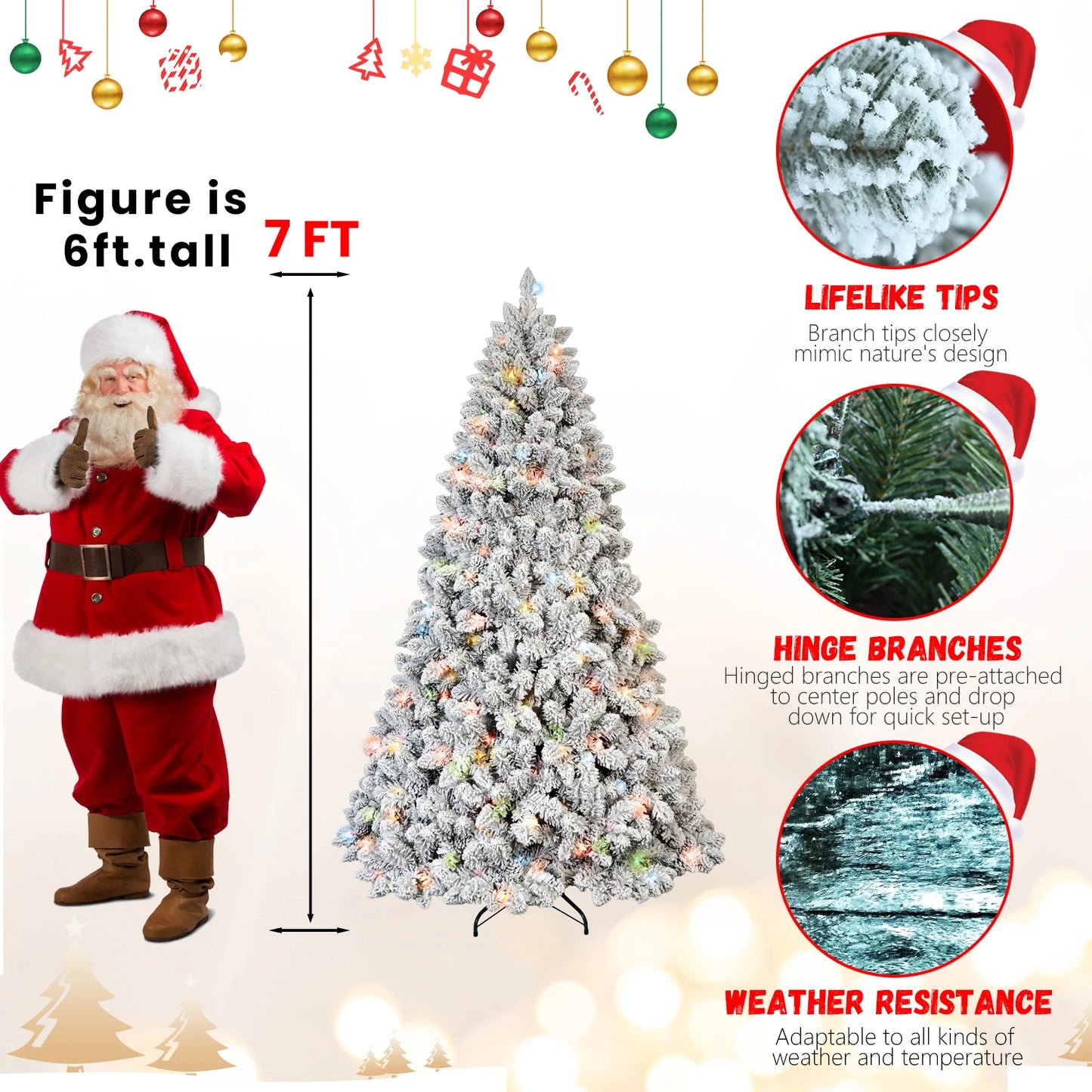 FT Pre-Lit Snow-Flocked Artificial Christmas Tree .Premium Mixed PVC Branches with Warm Holiday Lighting