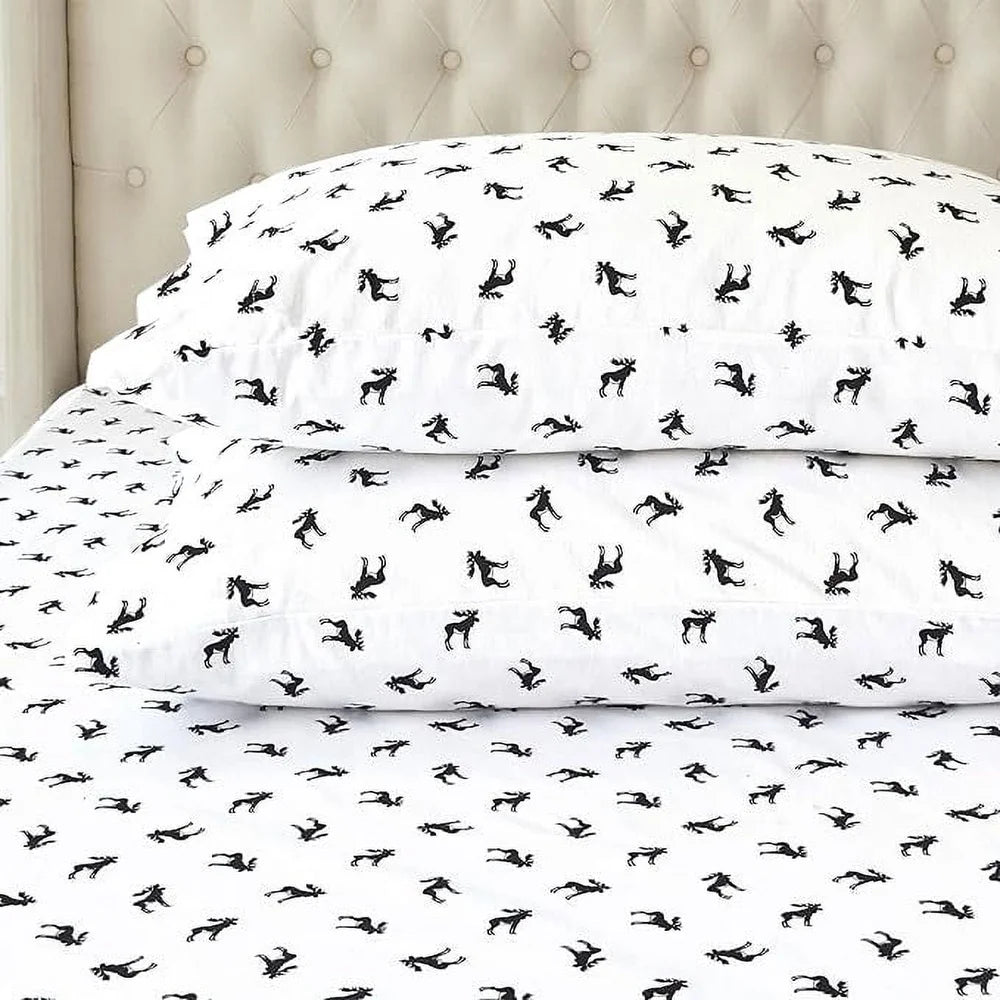 4 Piece King Flannel Cotton Sheet Set Deep Pocket Breathable Cozy Christmas Bedding Soft Durable Black Elk Pattern