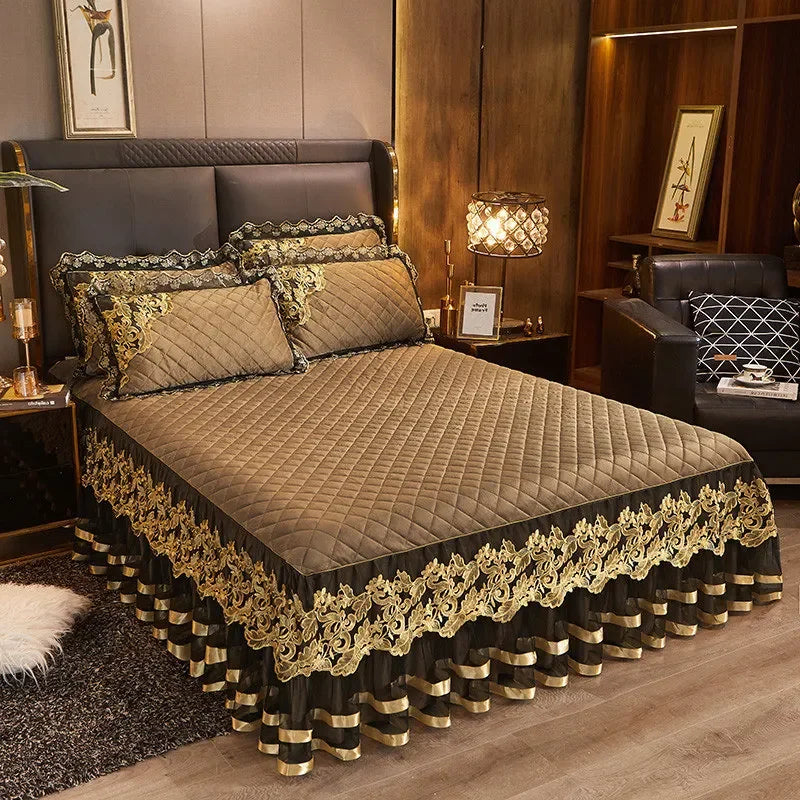 Luxury Gold Embroidered Velvet Quilted Bedspread Set