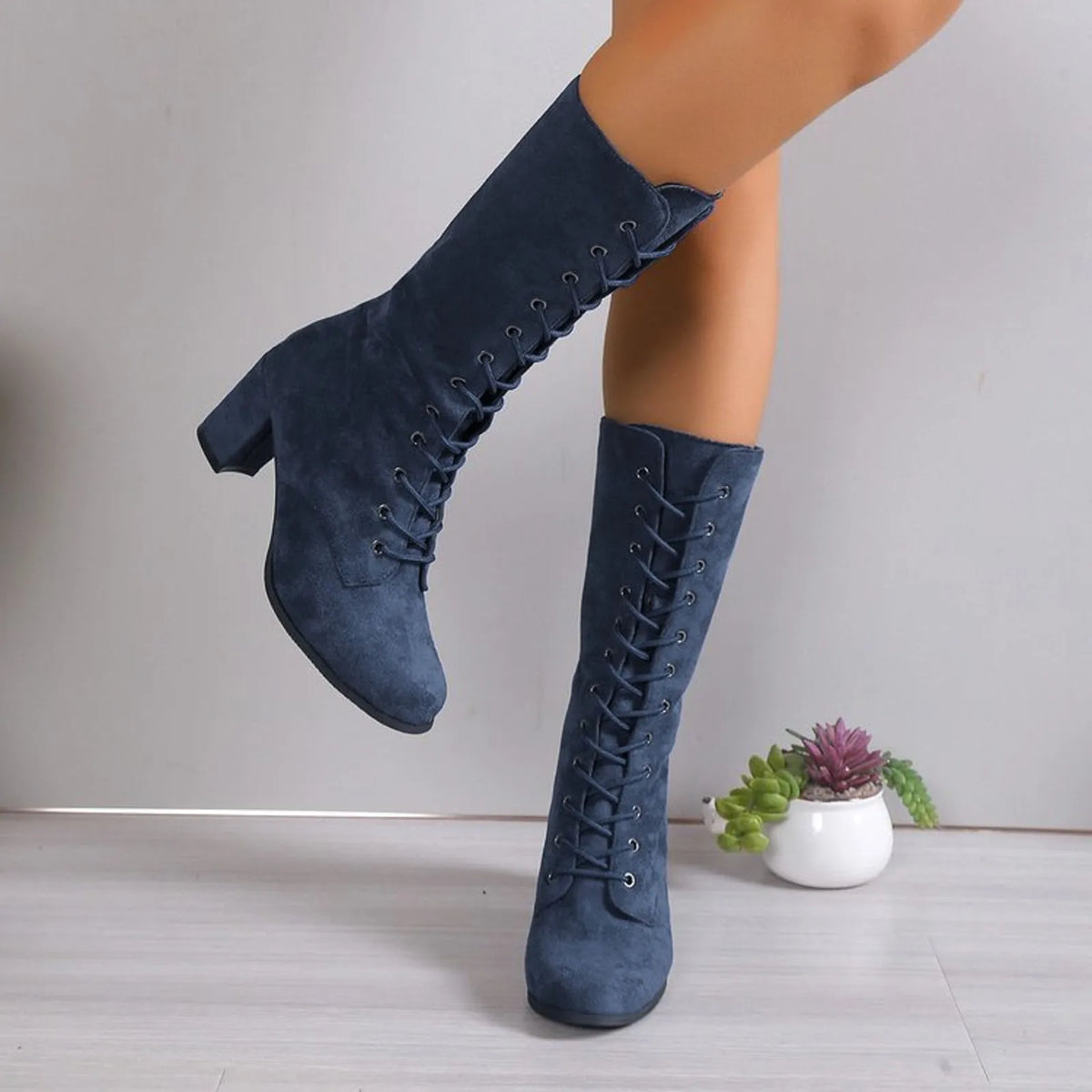 Women’s Lace-Up Mid-Calf Boots | Chunky Heel Fashion Boots