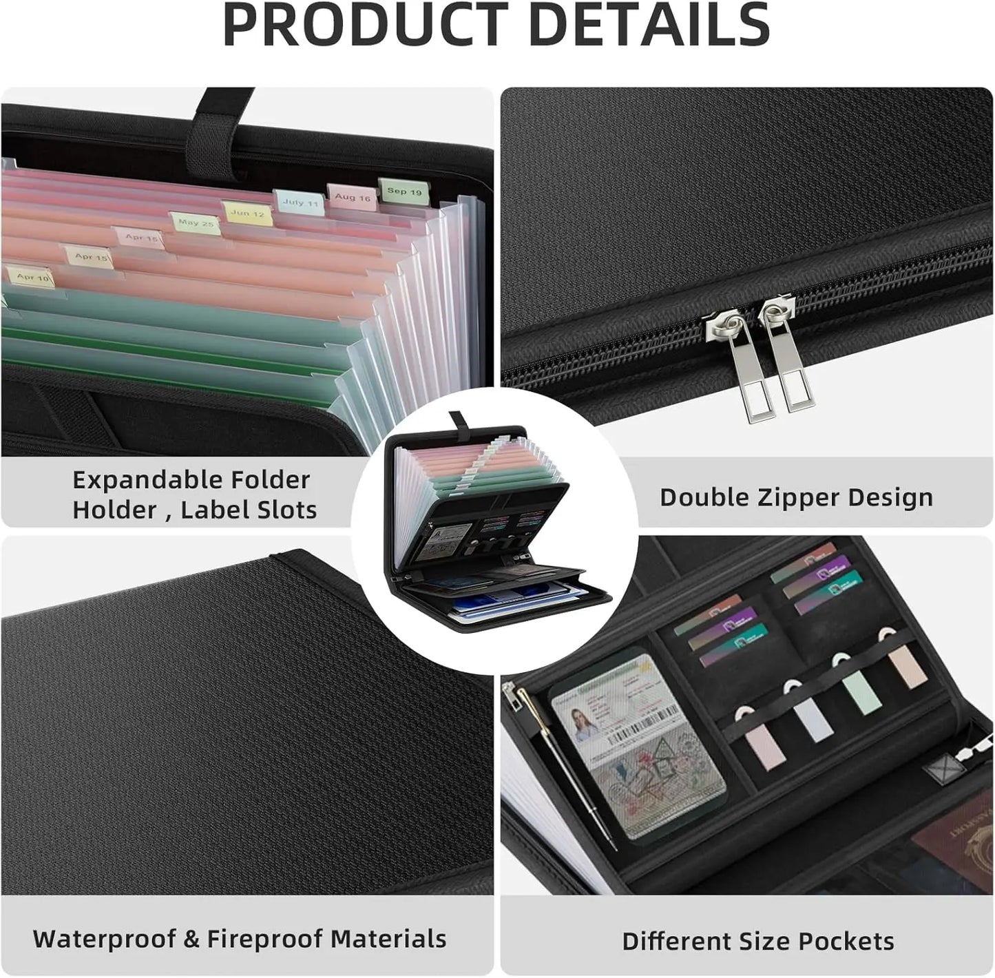 Fireproof & Waterproof Expanding File Organizer with 13 Pockets, Zipper Closure & Label Tabs, Portable Document Storage for Home, Office & Travel
