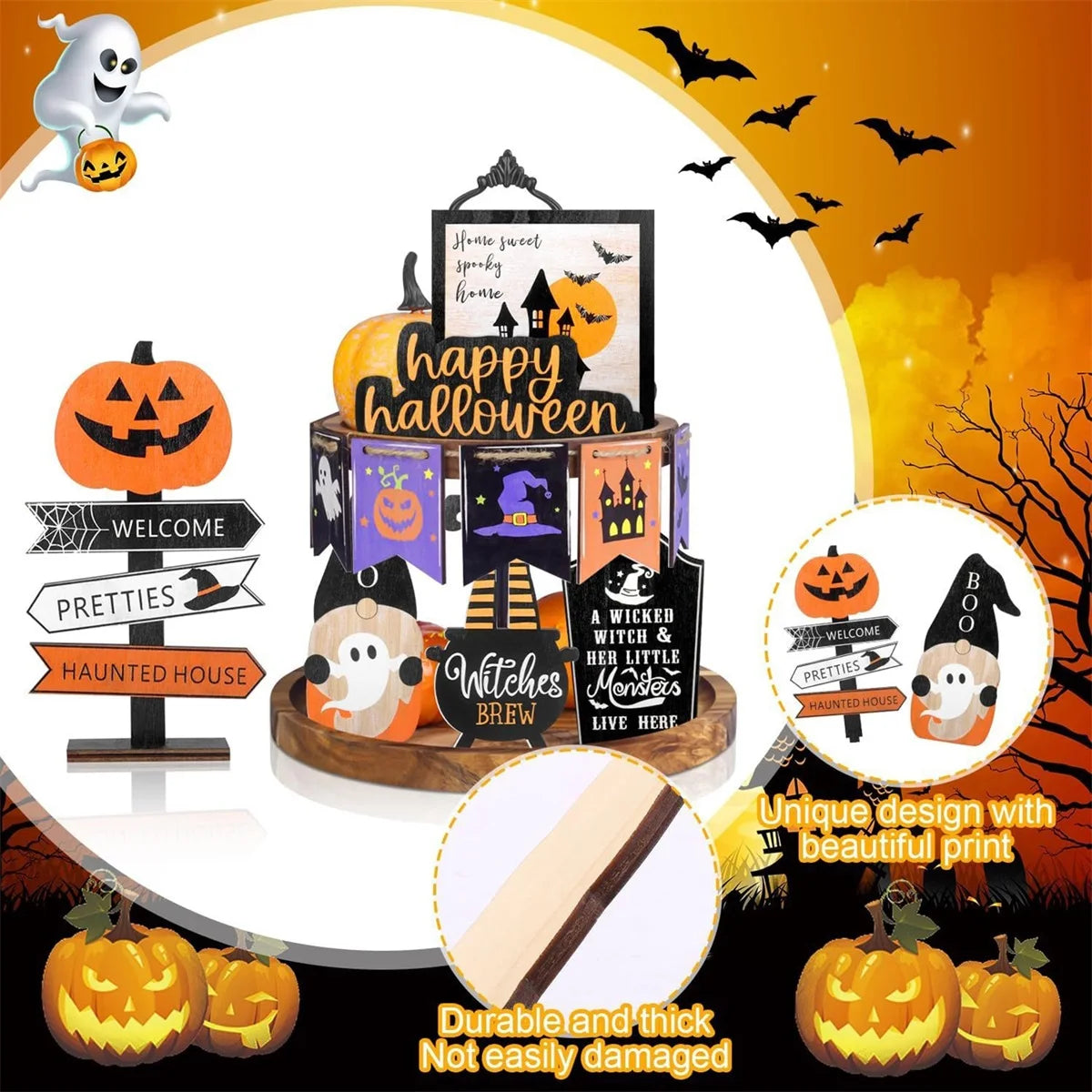 Spooky Halloween Tiered Tray Decor Set With Wooden Pumpkin