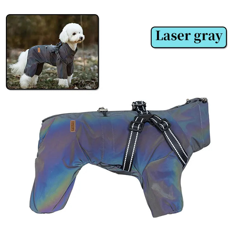 Waterproof Dog Raincoat with Harness . Reflective All-Weather Pet Jumpsuit