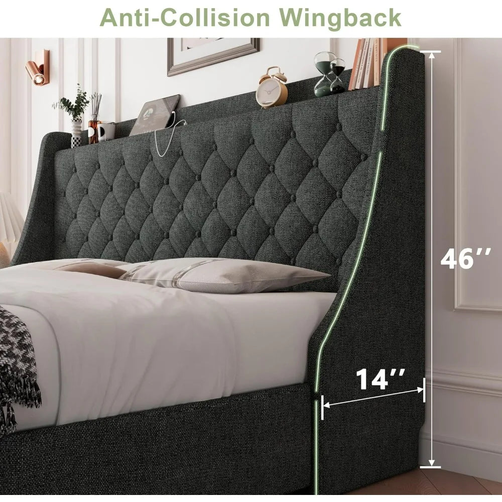 "king-size upholstered bed with 4 storage drawers, tufted wingback headboard and built-in charging station"