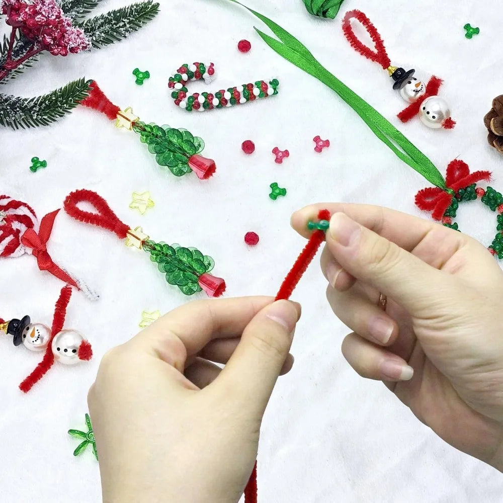 45 Sets Christmas Beaded Ornament Kit, Christmas Beads for Crafts with Pipe Cleaners to Make Snowman Christmas Tree Wreath Cand