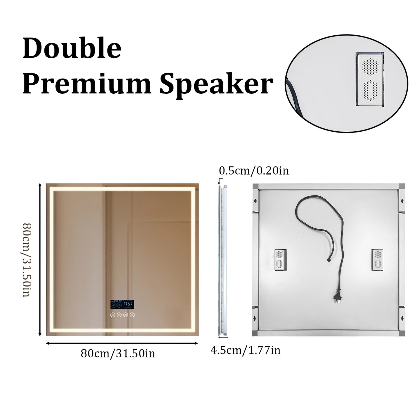 LED Bathroom Mirror 800mm Square Wall Bluetooth Clock