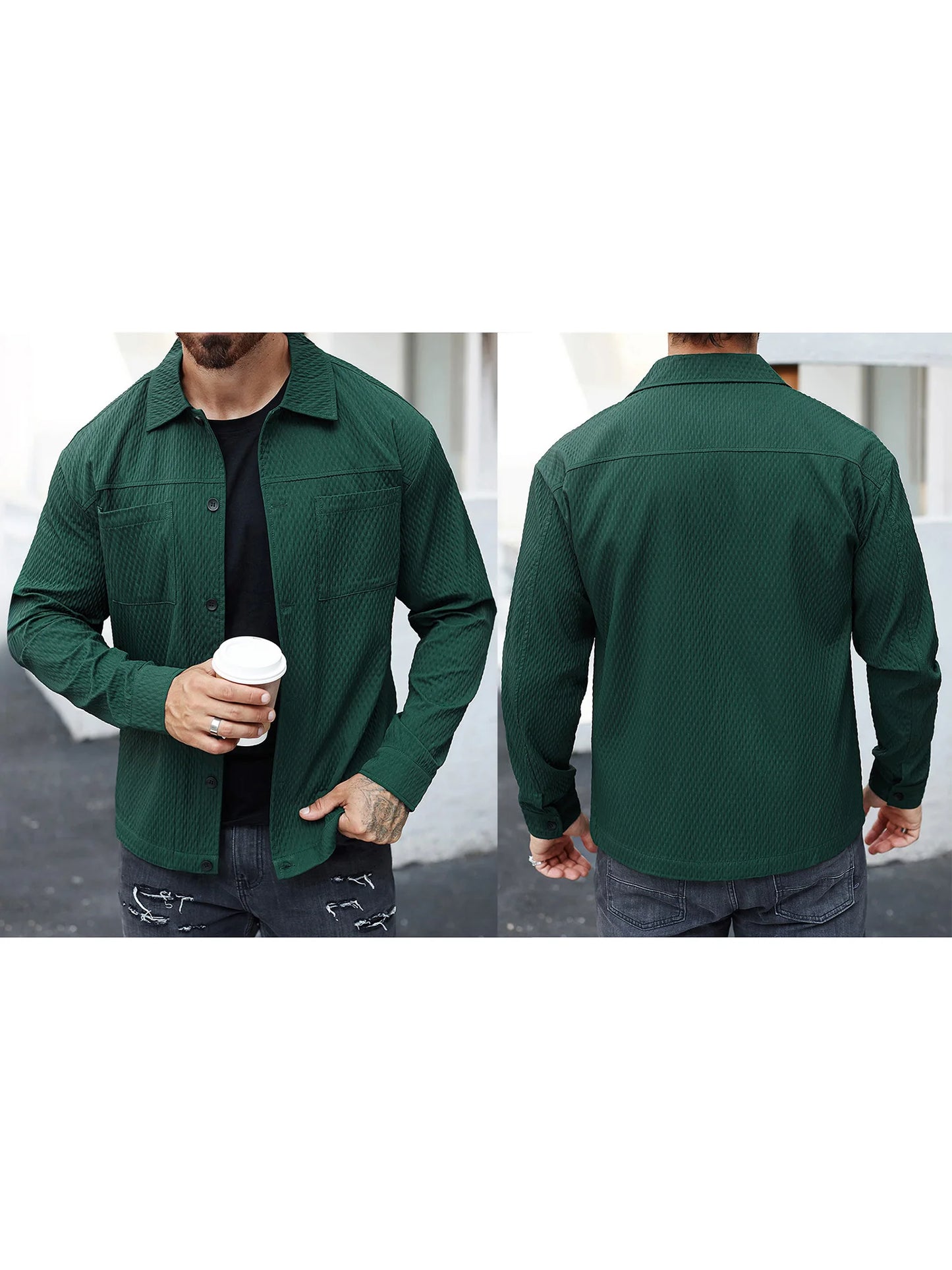 Men s Casual Shirt Jacket Regular Fit Solid Color Long Sleeve Button-up Tops Spring Fall Streetwear Fashion Outwear Coat