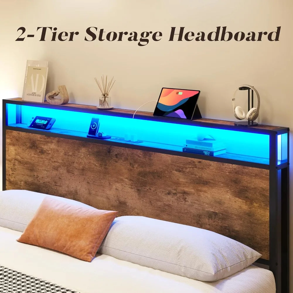 Queen Bed Frame with LED Lights, Charging Station & Storage Headboard