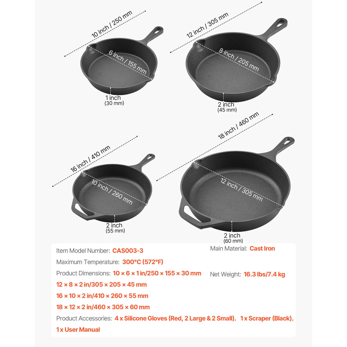 4-Piece Cast Iron Skillet Set | Heavy-Duty Frying Pan Collection