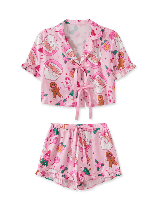 Women s Christmas Pajamas Sets with Festive Print Tie Bow Front Long Sleeve Lapel V Neck Tops and Cozy Shorts Lounge Wear 2