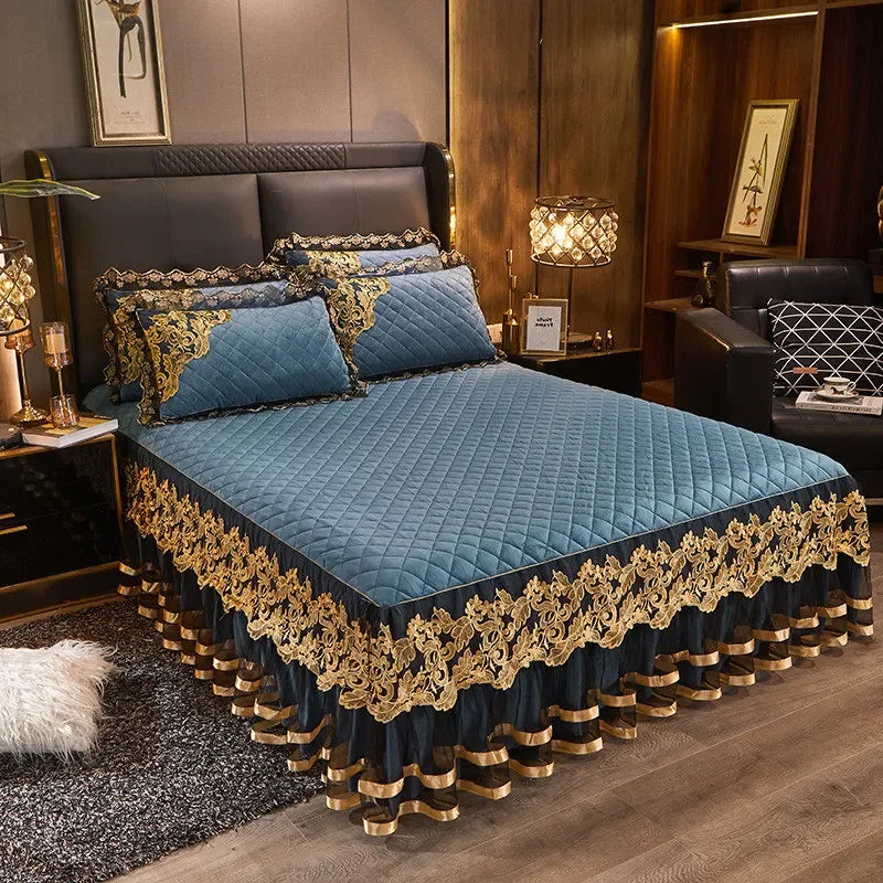 Luxury Gold Embroidered Velvet Quilted Bedspread Set