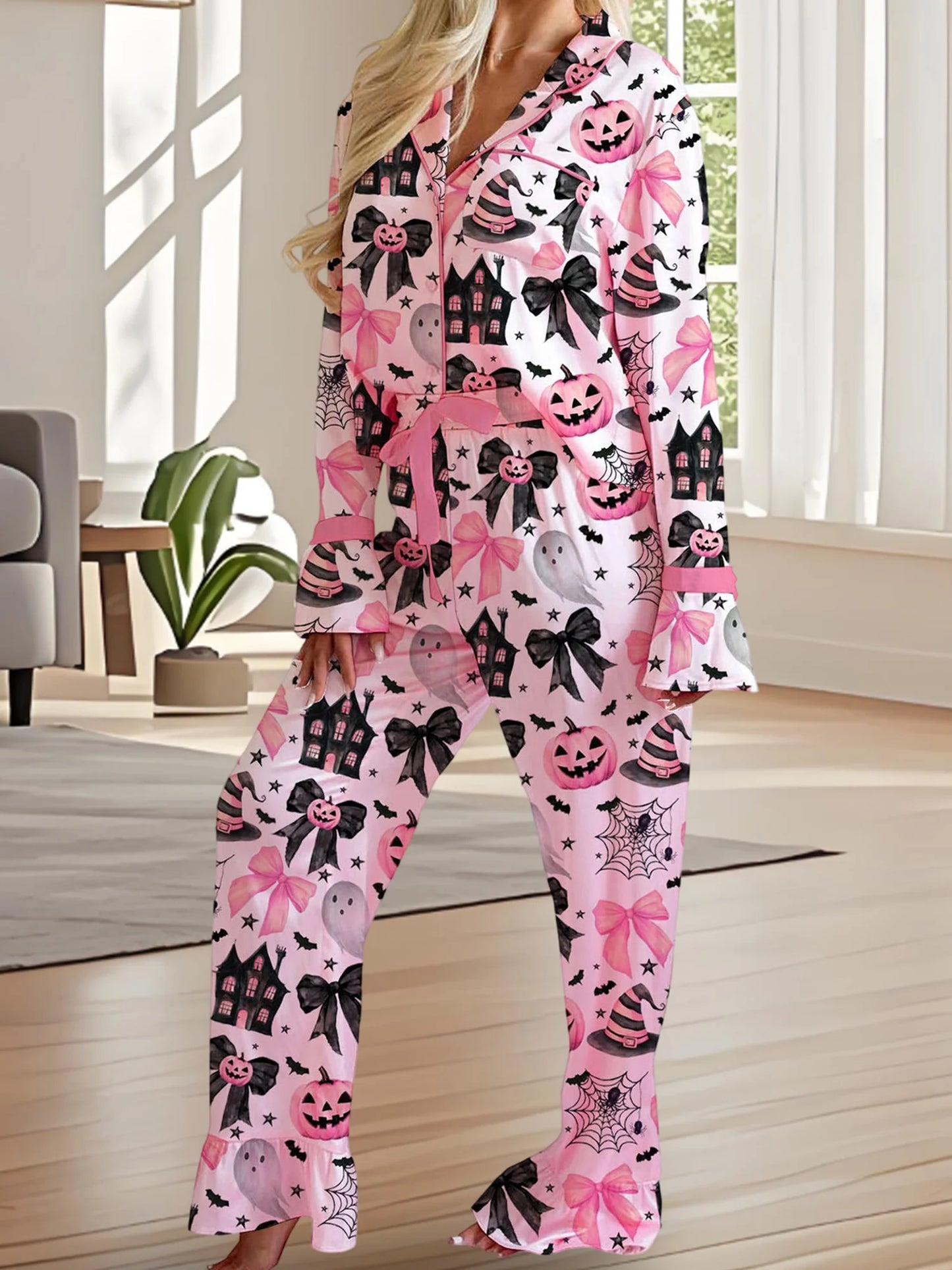 Women s Halloween Pajamas Set with Spooky Print Button Down Lapel V Neck Long Sleeve Tops and Matching Pants for Cozy Lounge