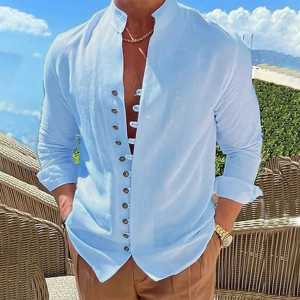 Men’s Cotton Linen Long Sleeve Shirt . Casual Lightweight Button Up