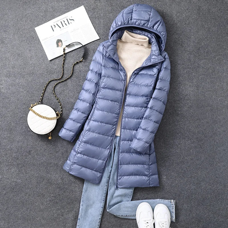 Women's Long Hooded Puffer Jacket – Lightweight Quilted Winter Coat with Detachable Hood