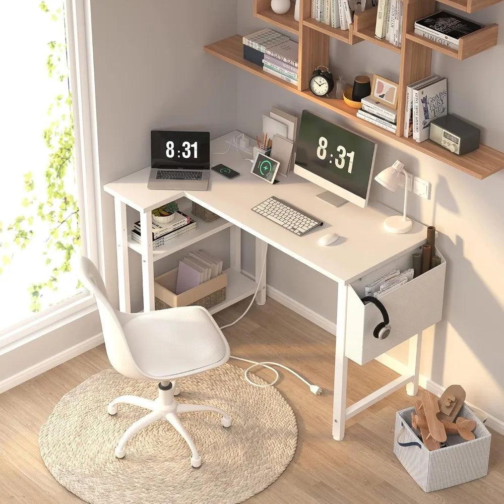 Brand new White L Shaped Computer Desk with Power Outlet Shelves, 40 Inch Small Reversible Corner Desk