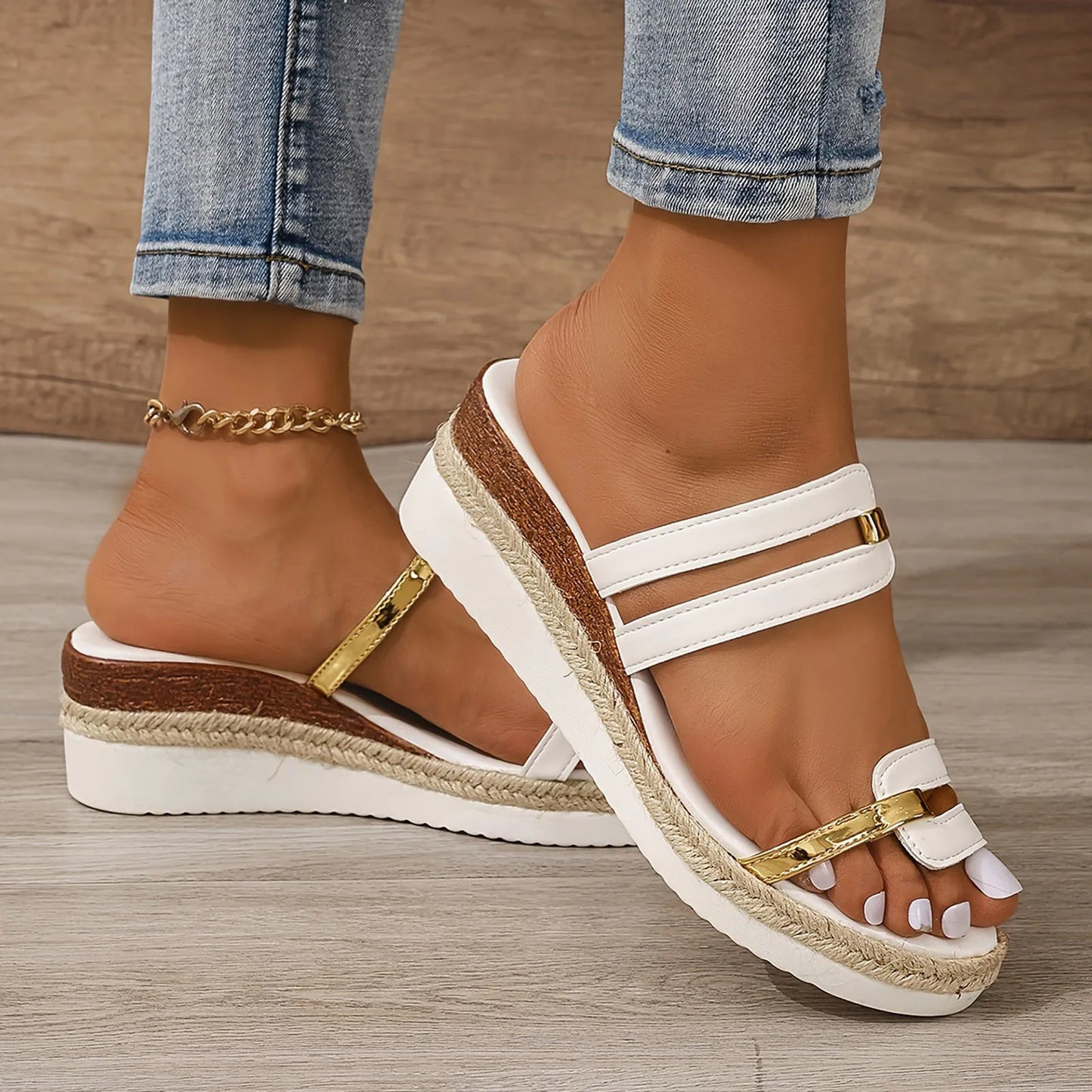 2024 Summer Casual Color Blocking Sandals For Women Dressy Comfortable Soft Leather  Thick Soled Slope Woven Straw Sandals