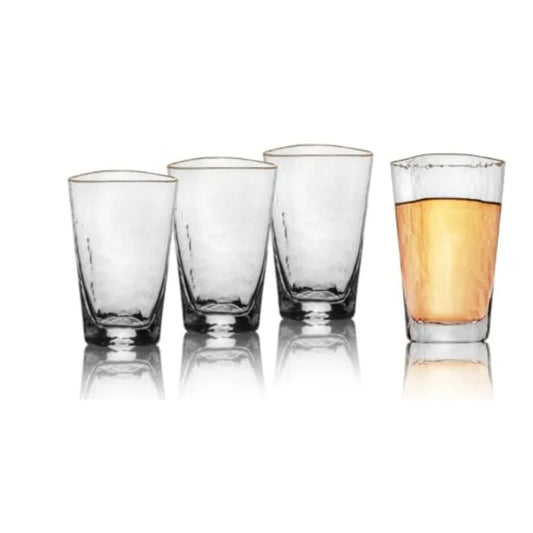 Gold Rim Highball Glasses Set of 4 16oz Handblown Triangular Hammered Glass Tumblers Elegant Drinkware for Cocktails Water Iced