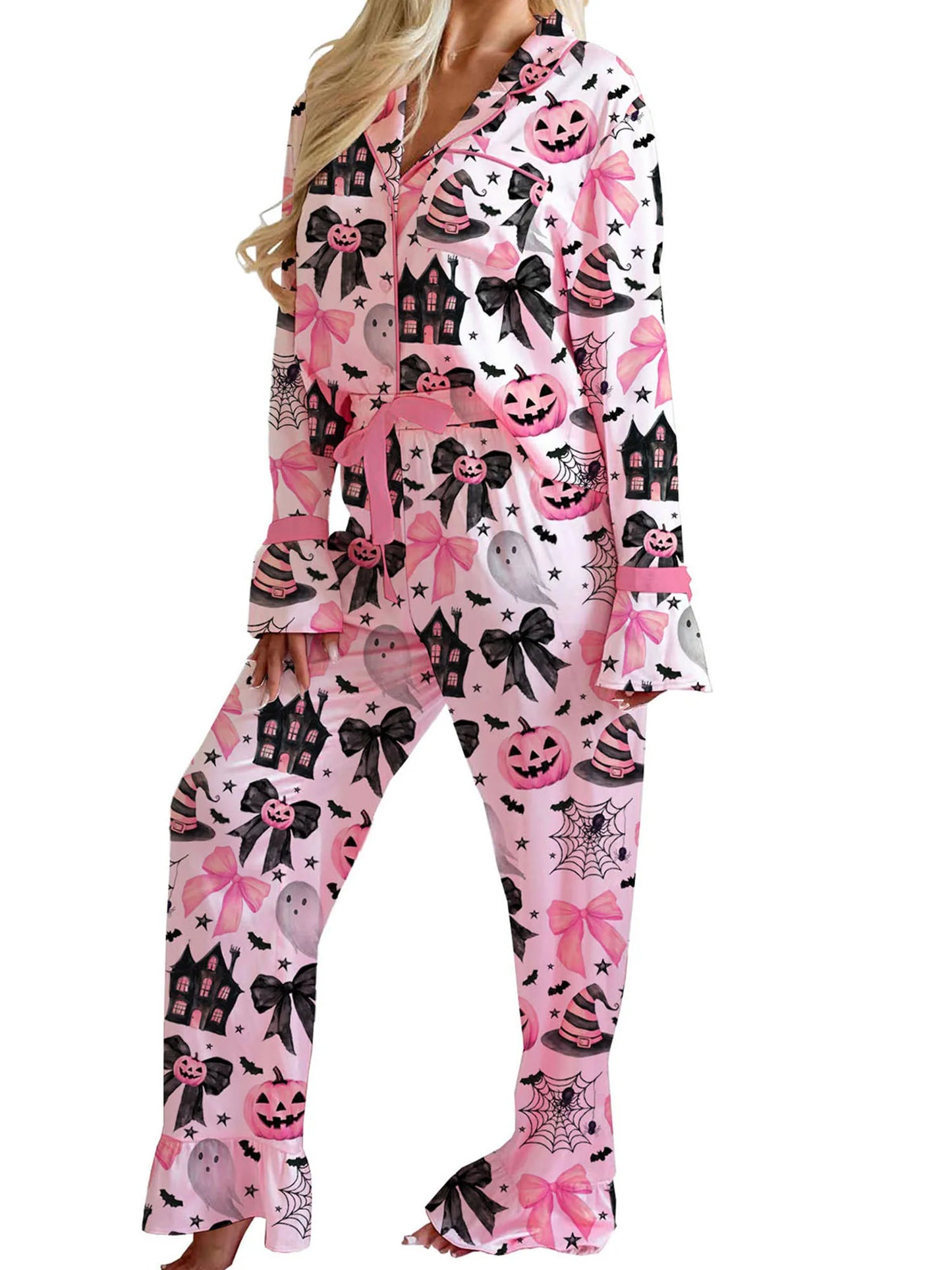 Women s Halloween Pajamas Set with Spooky Print Button Down Lapel V Neck Long Sleeve Tops and Matching Pants for Cozy Lounge