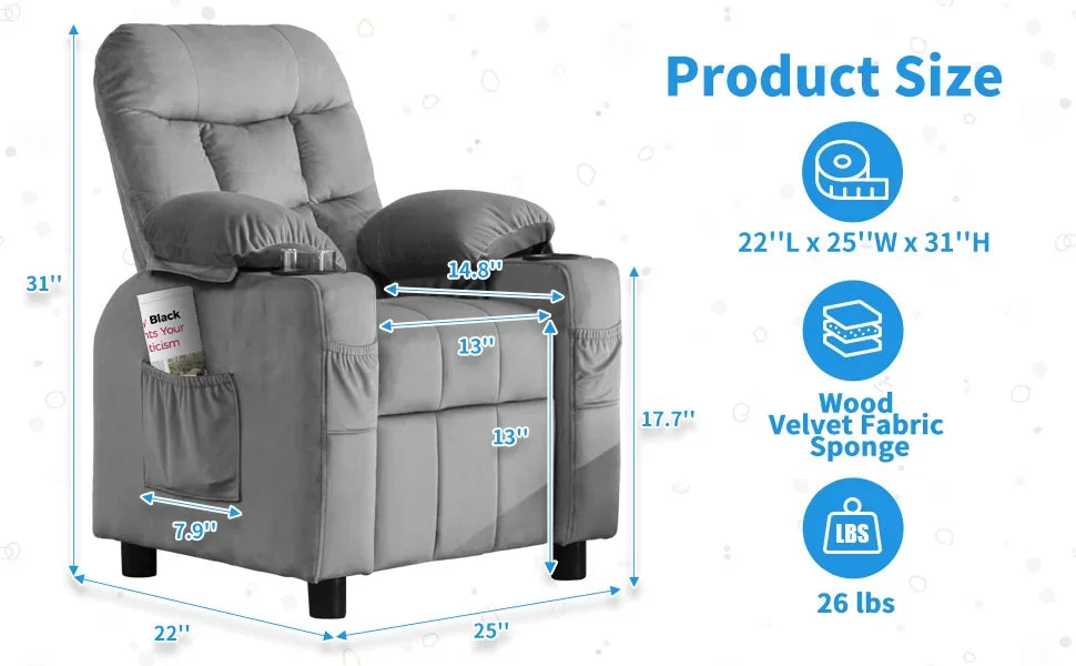 Toddlers Kids Recliner Chair Ergonomic Adjustable  Chair Footrest & Side Pockets Baby Sofa for Boys and Girls Bedroom (Gray)