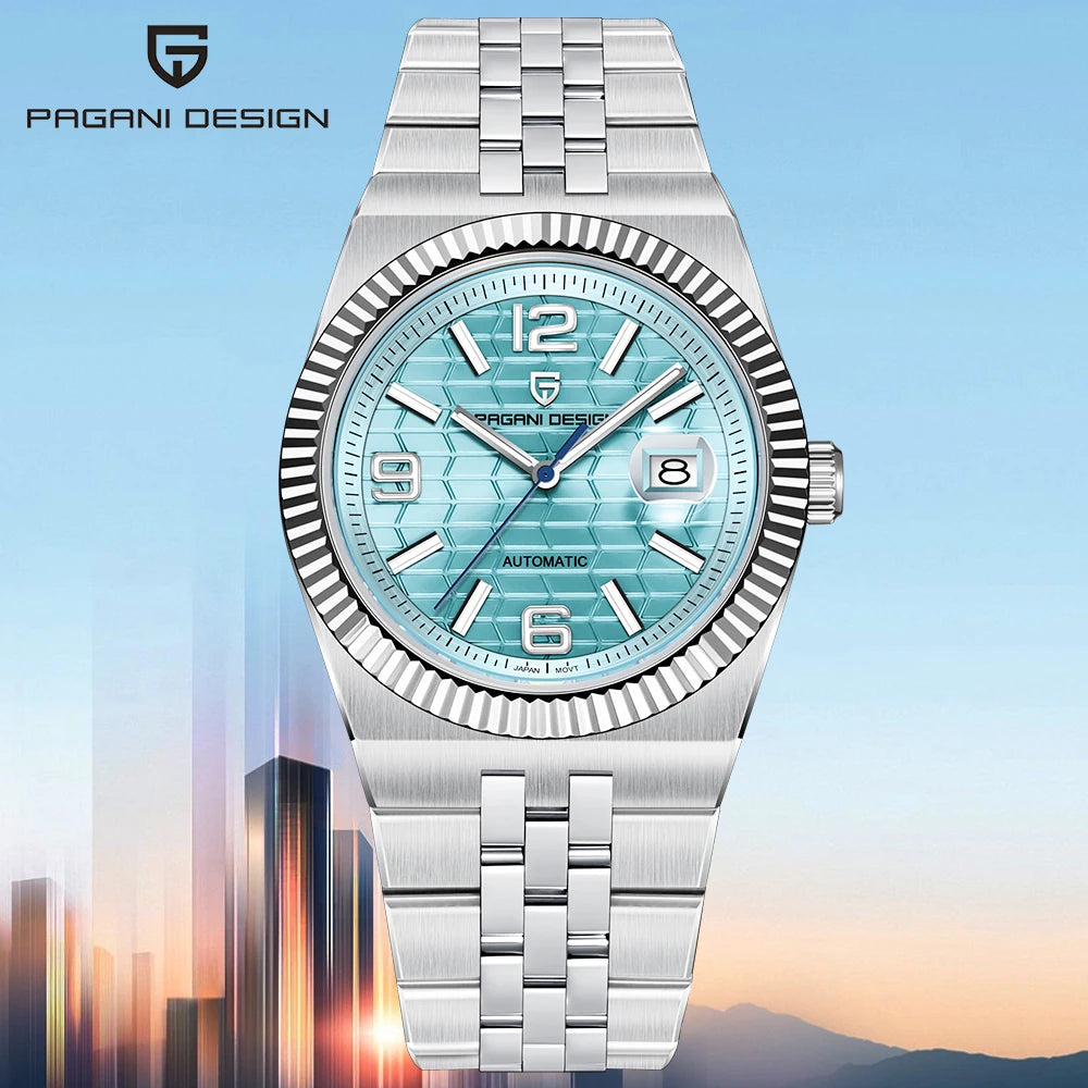 PAGANI DESIGN Men’s Automatic Luxury Watch,  Sapphire Crystal Stainless Steel Waterproof Mechanical Wristwatch with 3D Rhombus Dial