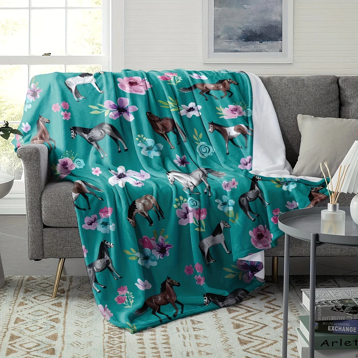 Cartoon Horse Floral Flannel Throw Blanket .Soft Cozy Horse Blanket for Bed, Sofa & Home