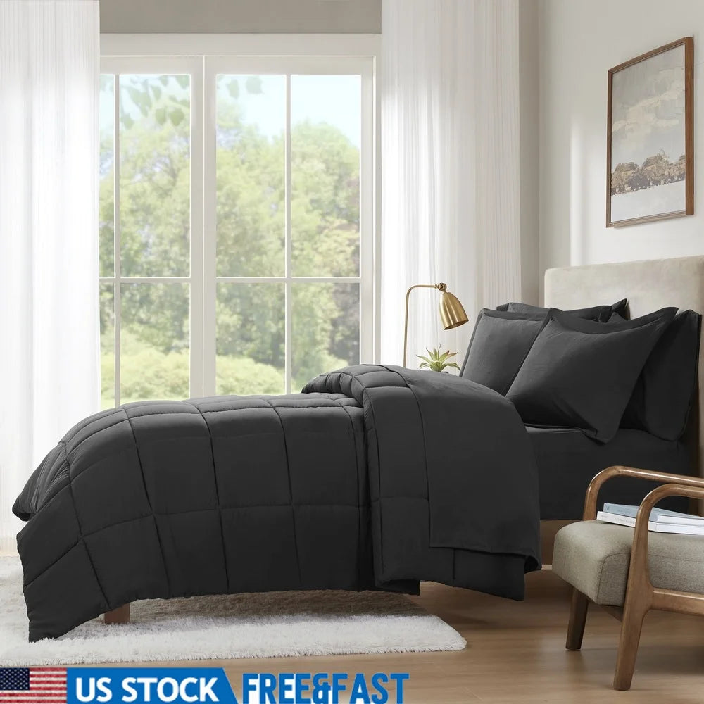 7 Piece Queen Comforter Set Microfiber Bedding Black