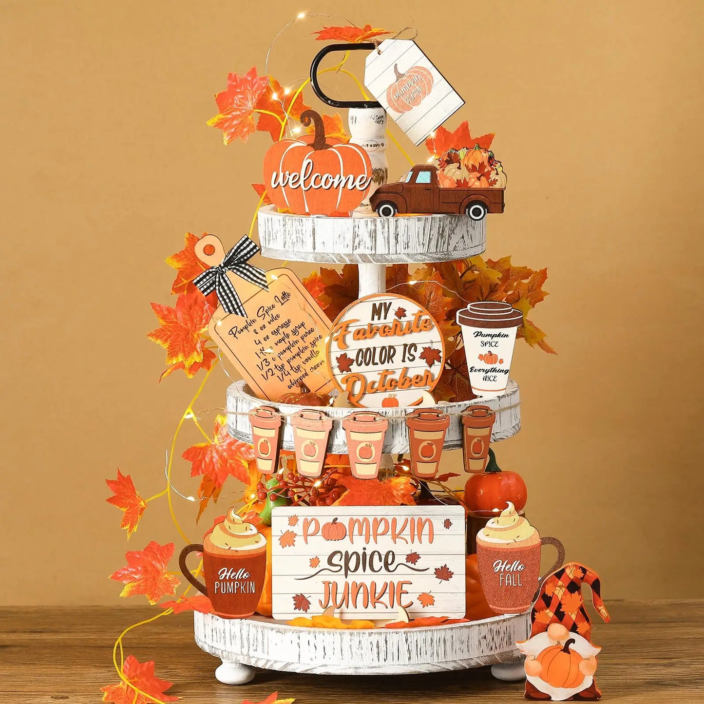 15 Pcs Fall Tiered Tray Decor Set Fall Thanksgiving Pumpkin Table Decor Drinking Coffee Rustic Farmhouse Coffe Truck Spice Block Autumn Wooden Tabletop Sign for Thanksgiving Day Home Office