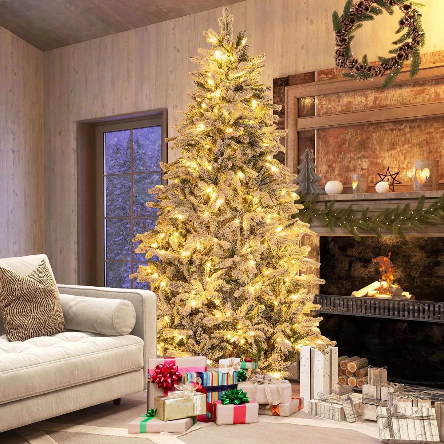4.5FT–7FT Flocked Artificial Christmas Tree .Premium Snow-Flocked Holiday Tree with Metal Stand