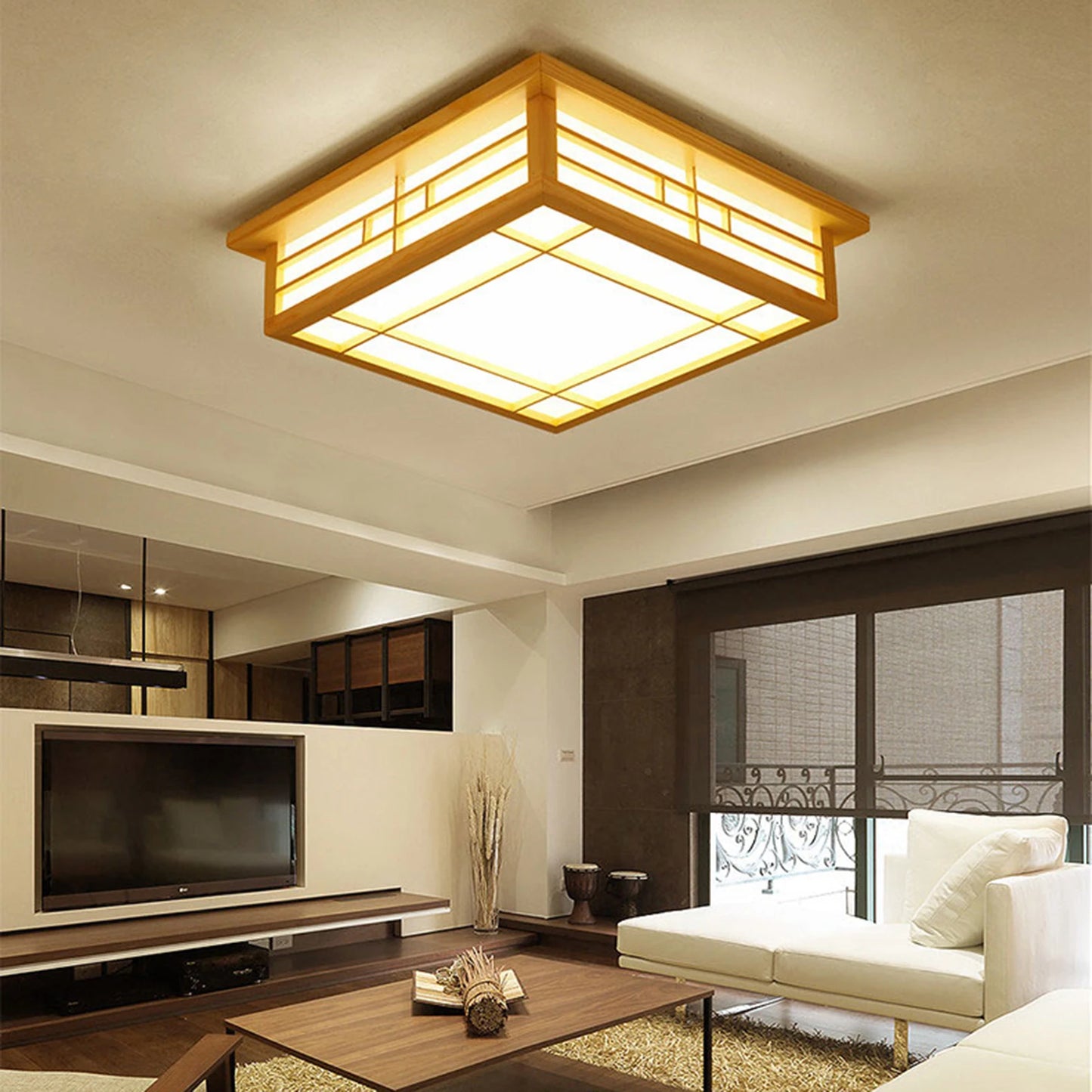 Japan Style Ceiling Lamp Solid Wood Wooden LED Light Flush Mount Ceiling Light with Remote Control For Bedroom Living Room