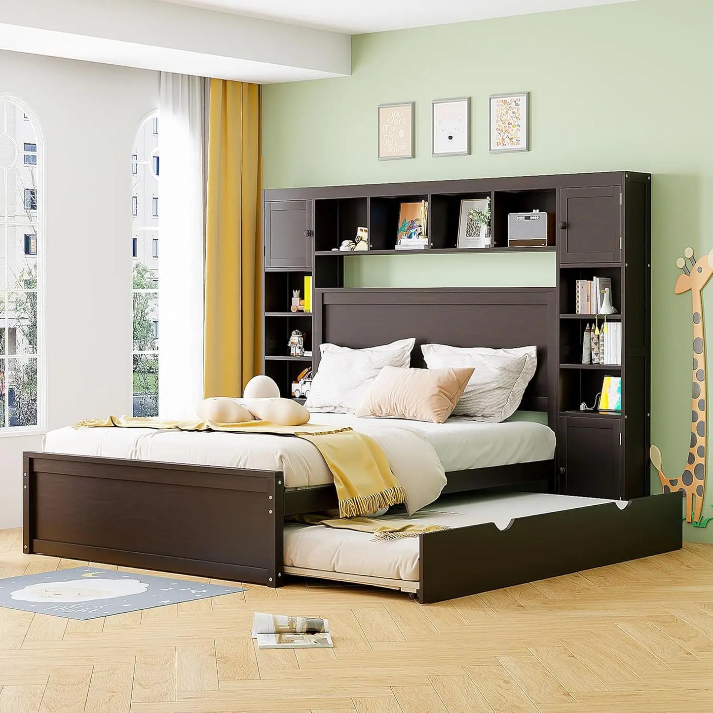 Storage Bed with Bookcase Headboard Platform Bed with Trundle and 2 Storage Drawers Solid Wood Bed Frame with Cabinet and Shelf