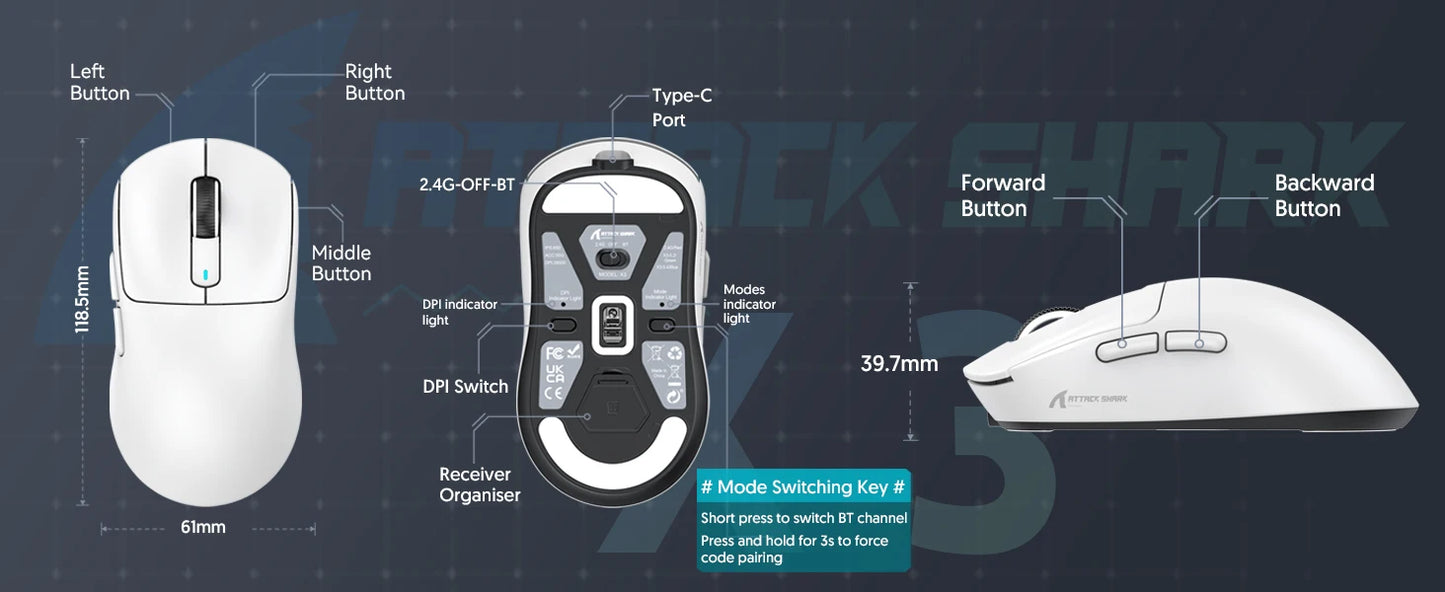 ATTACK SHARK X3 Ultra-Light Wireless Gaming Mouse, 49g Tri-Mode Bluetooth, 2.4GHz & USB-C Rechargeable Ergonomic Mouse for PC, Mac & Laptop