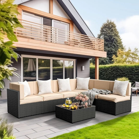 Outdoor Rattan Sectional Sofa Set 7PCS Patio Furniture Washable Cushions Tea Table Sun Loungers Garden Conversation