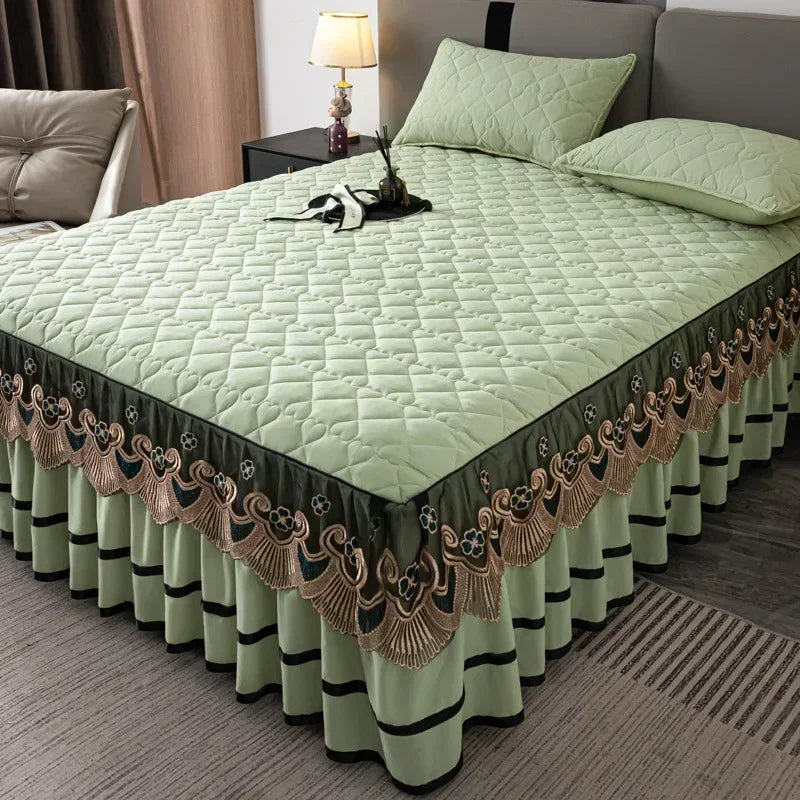 Elegant Embroidered Lace Quilted Bed Skirt Set