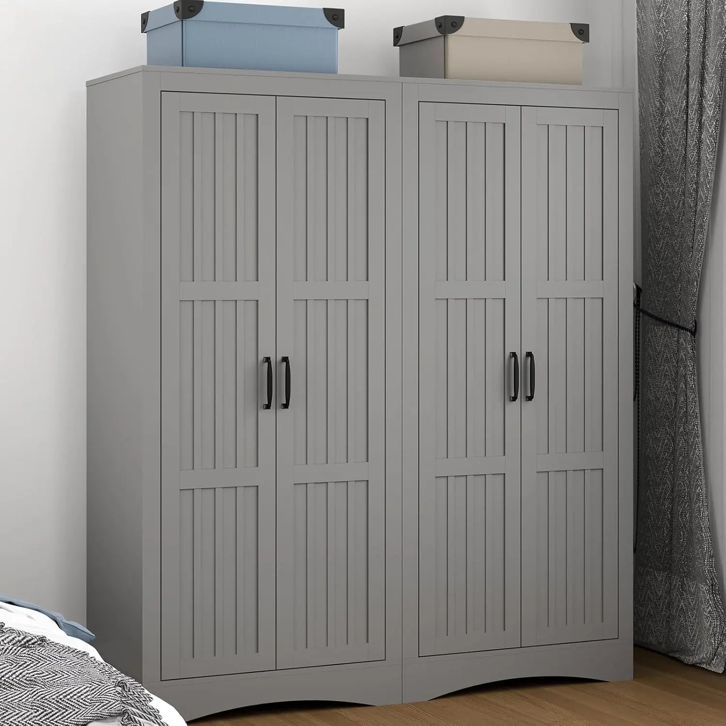 Wardrobe Closet with 4 Doors, Wooden Modern Freestanding Armoire with Shelves and Hanging Rod, Clothes Organizer Cabinet for Bed