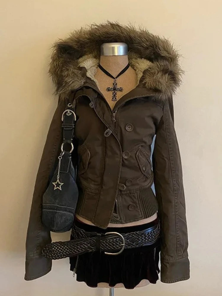 Women's Hooded Faux Fur Trim Winter Parka . Warm Padded Coat with Pockets