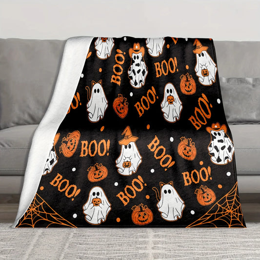 Cozy Flannel Halloween Throw Blanket - Spooky Ghosts & Pumpkins Design, Soft & Warm for Couch, Bed, Camping