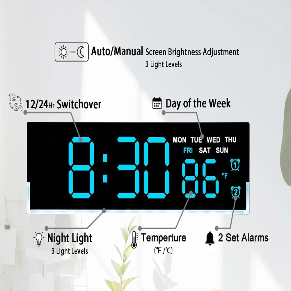 Modern LED Digital Alarm Clock – Large Blue Display & Ambient Glow