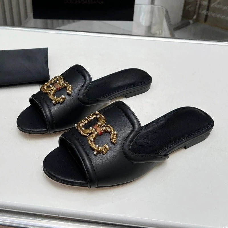Women’s Genuine Leather Metal Accent Slide Sandals .Luxury European Style Slip-On Flats  Description: