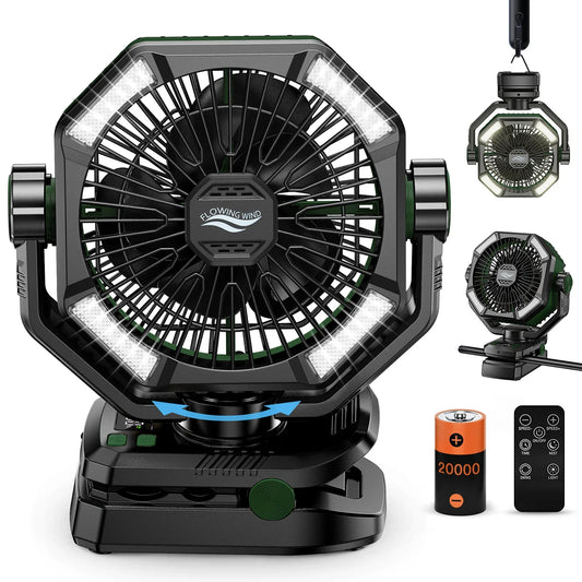 SKYTOO Rechargeable Camping Fan – 20,000mAh Portable Battery Fan with LED Lantern, Remote Control & Hanging Hook for Camping, RV, Tent & Emergency Use