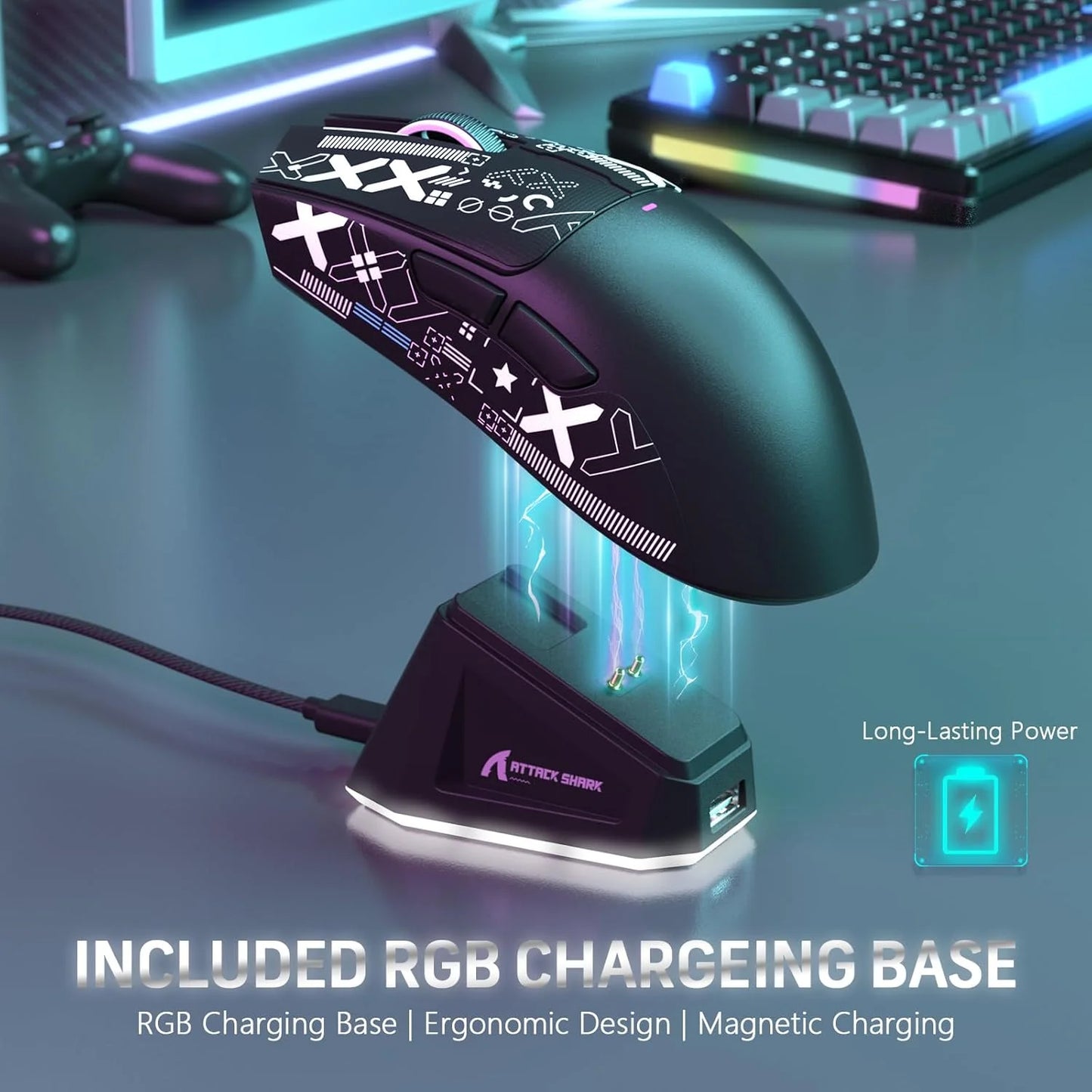 ATTACK SHARK X11 Wireless Gaming Mouse with RGB Magnetic Charging Dock, Tri-Mode Bluetooth/2.4GHz/USB-C, Ergonomic Rechargeable Mouse for PC, Mac & Laptop