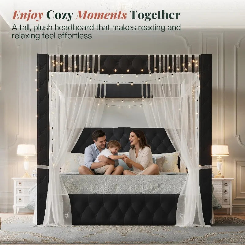 Velvet Upholstered Canopy Bed Frame with Padded Headboard