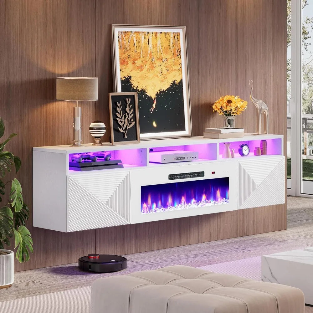 80 inch Floating TV Stand with 40" Electric Fireplace, Wall Mounted Electric Fireplace Entertainment Center with Storage Space,