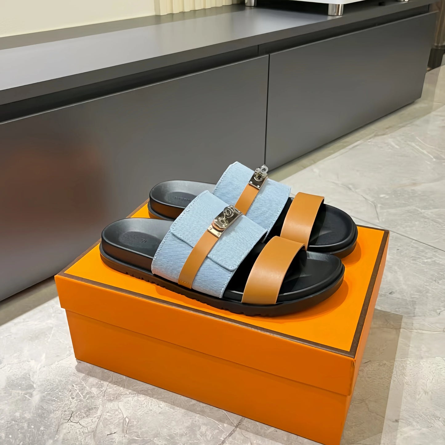 Luxury Women’s Leather Buckle Slide Sandals
