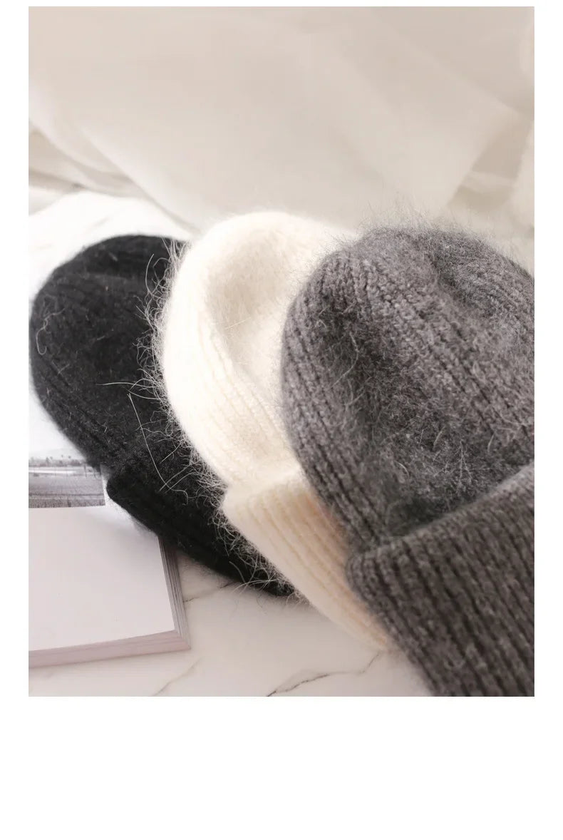 Warm Cashmere Wool Skullies Beanie For Women Rabbit Fur