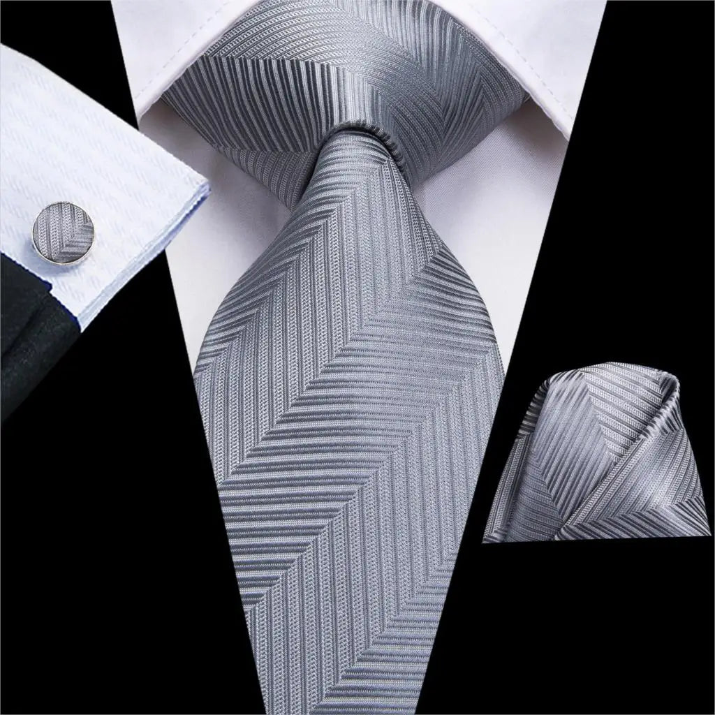 Hi-Tie Luxury Silver Men’s Necktie Set with Pocket Square & Cufflinks | Wedding, Business & Formal Events